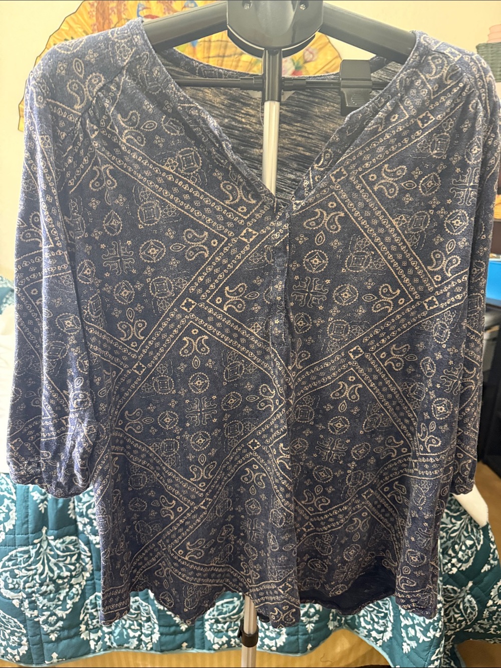 Lucky Brand Navy Bandana Print V-Neck Tunic navy with Tan Size 2X
